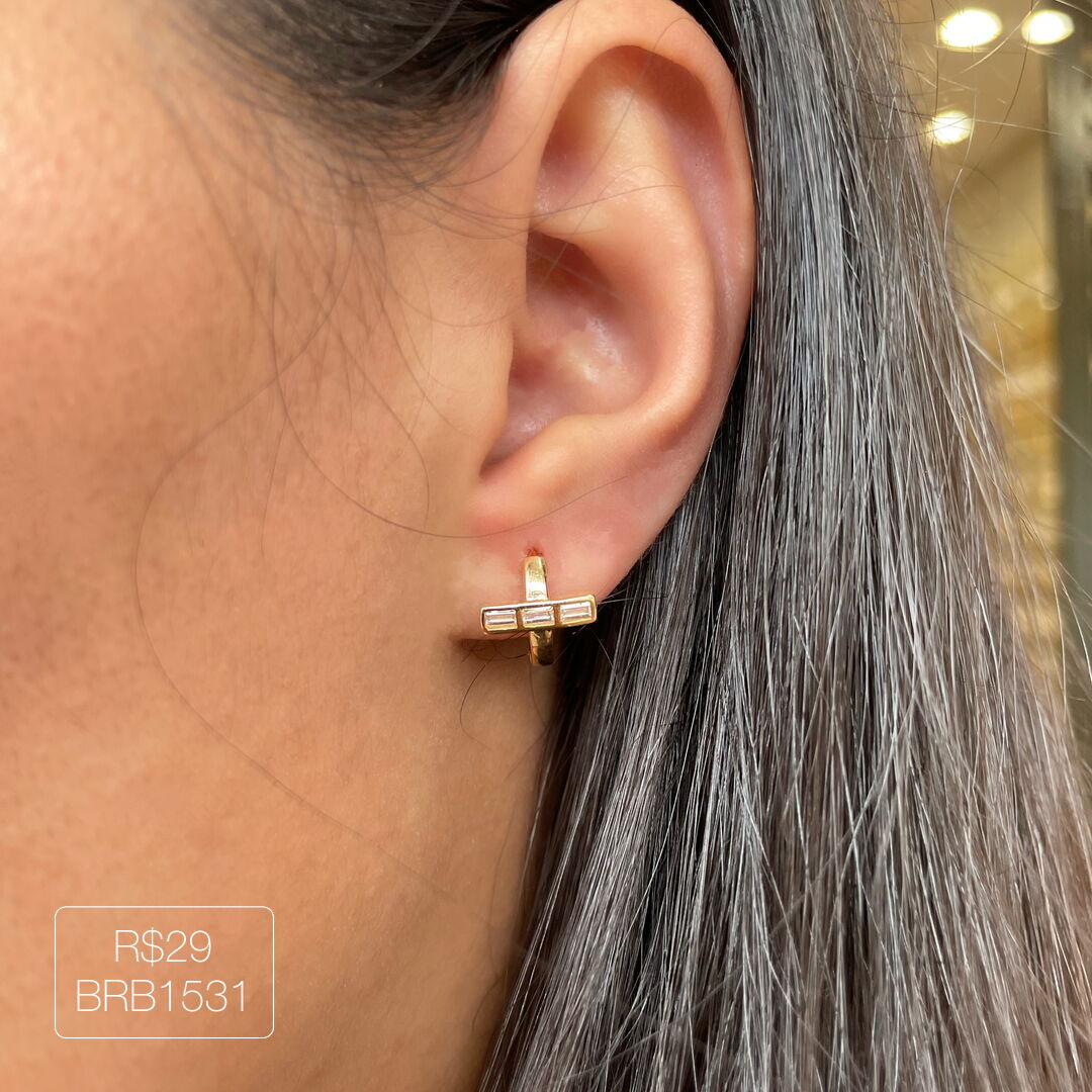 Brinco Argola Três Baguetes Cristal Dourado